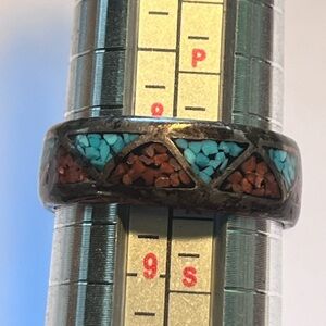 Vintage Navajo Wedding Ring Coral and Turquoise 925 silver sz 8.5